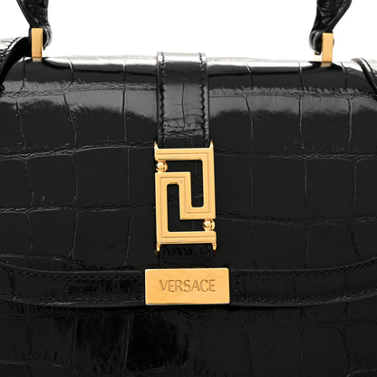 Versace Calfskin Crocodile Embossed Greca Goddess Top Handle Bag Black 7 of 11