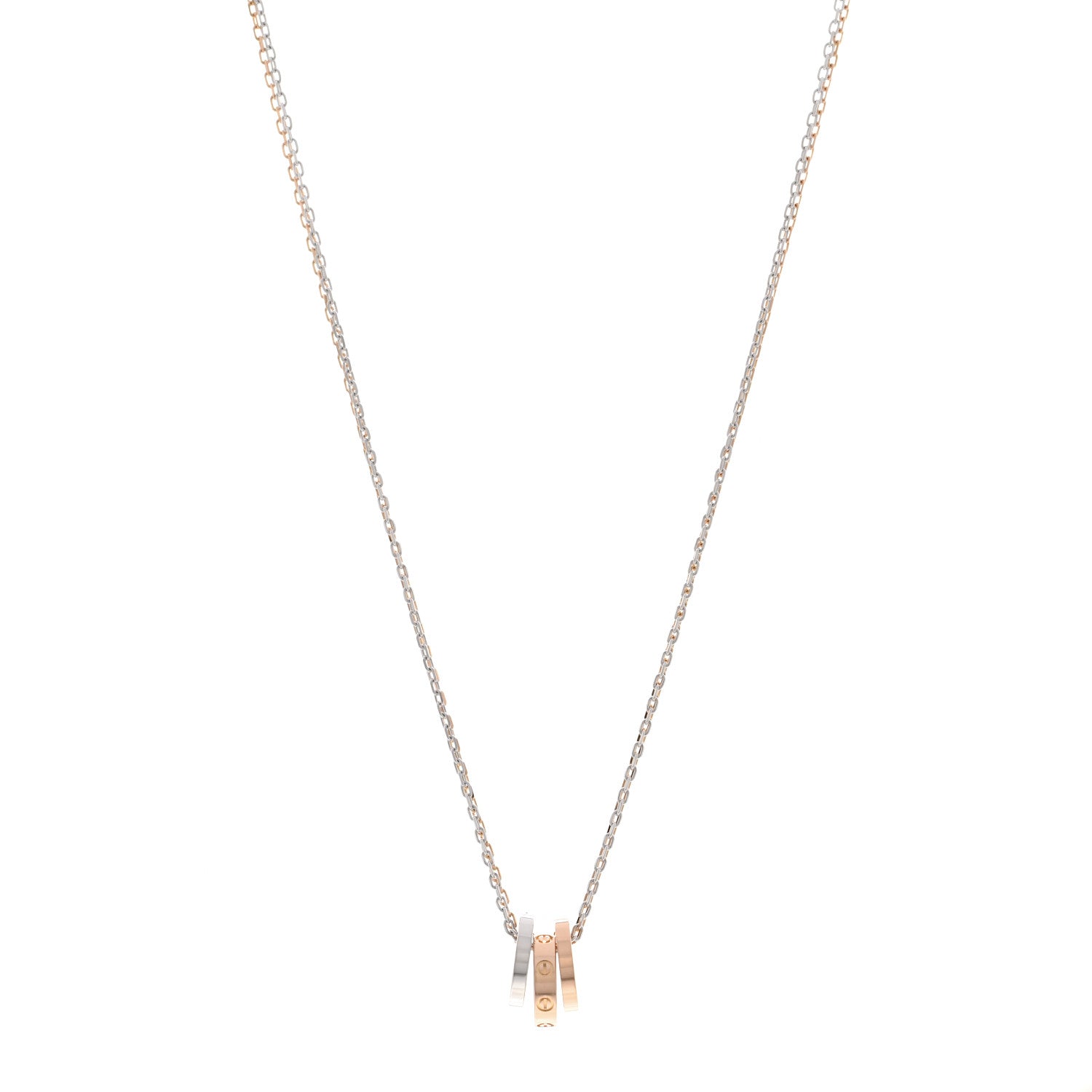 Cartier 18K White Pink Gold Diamond Three Ring LOVE Necklace 1 of 5
