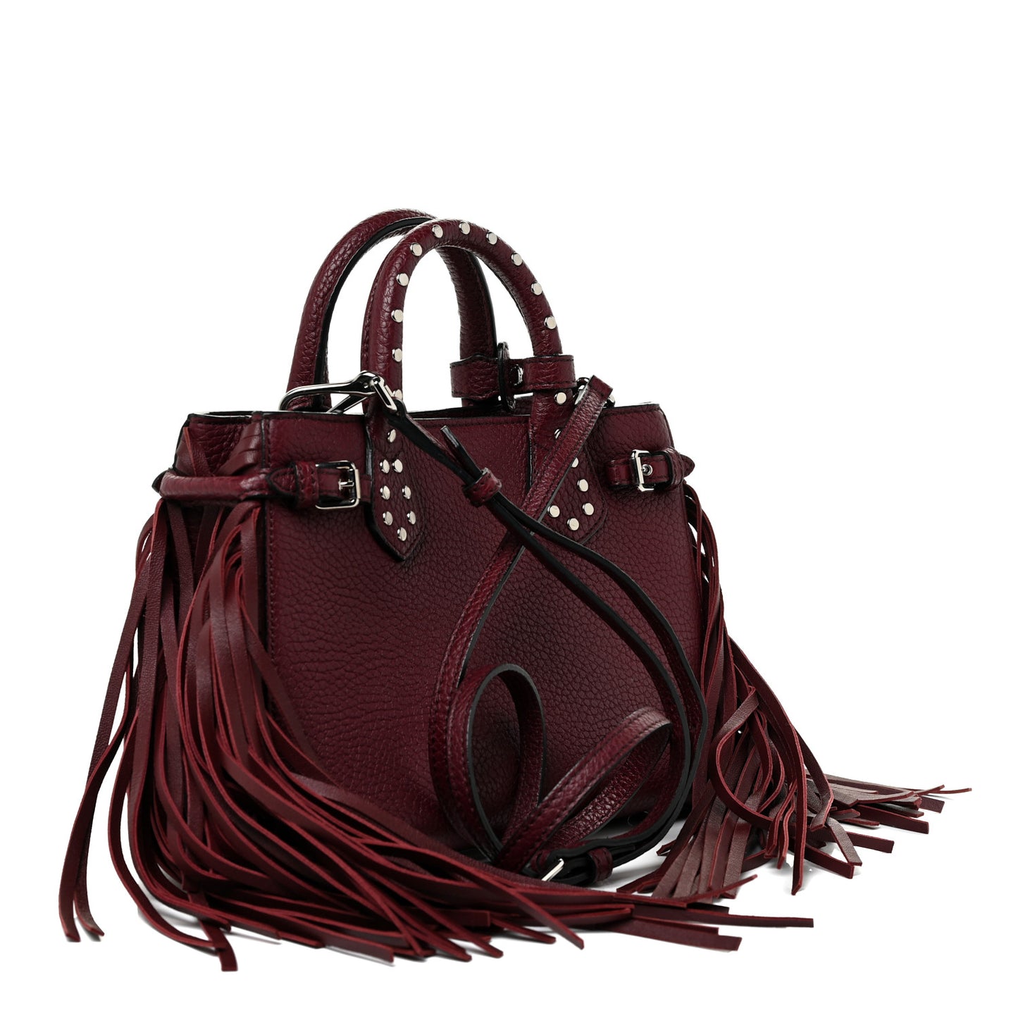 Grainy Calfskin Studded Fringe Baby Banner Tote Damson Magenta