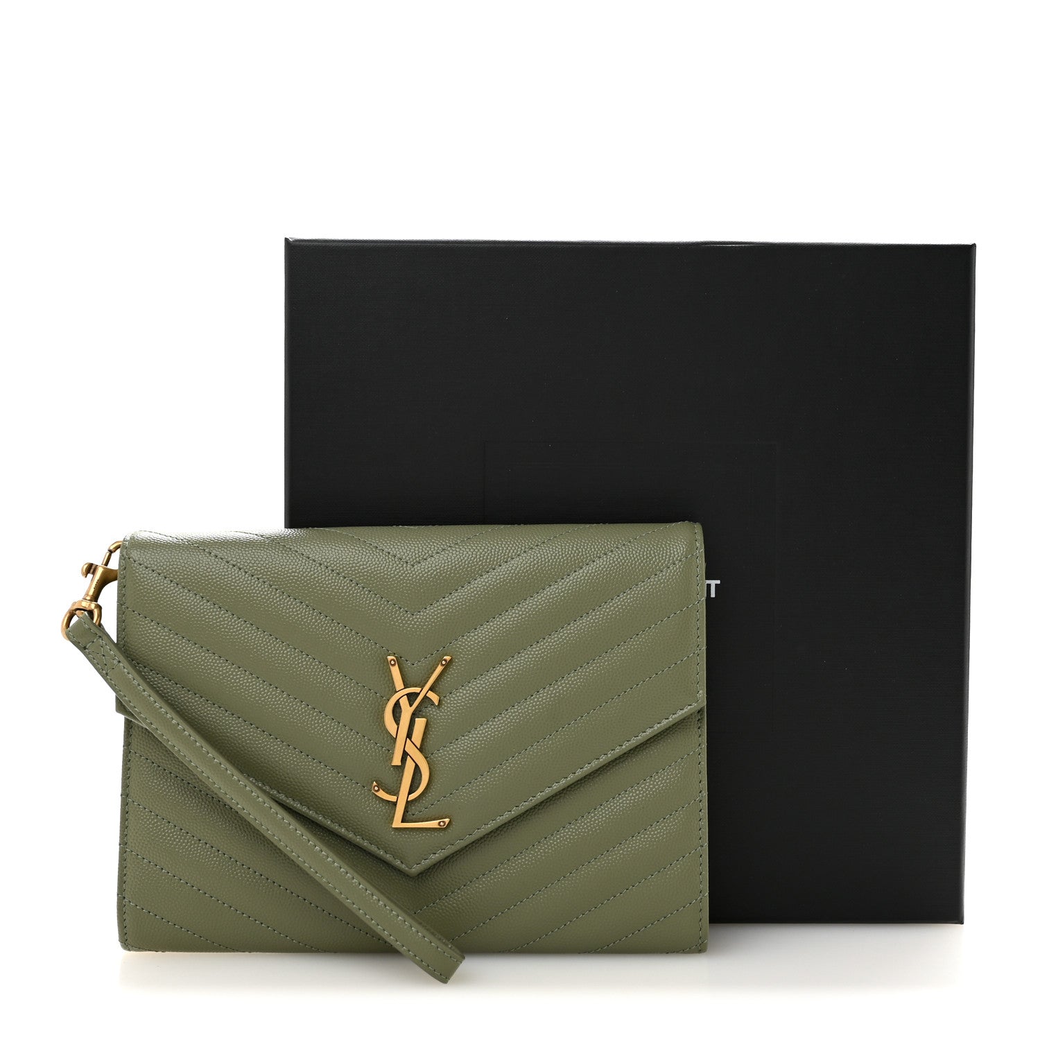 Saint Laurent Grain De Poudre Matelasse Chevron Monogram Envelope Clutch Light Sage 8 of 8