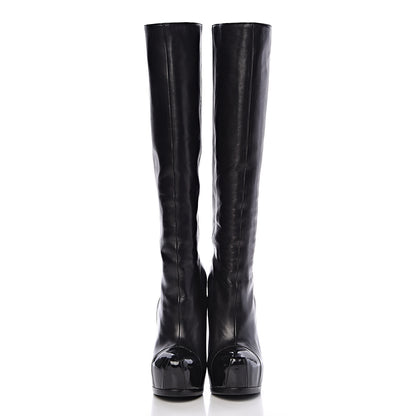 Saint Laurent Nappa Vernice Cap Toe Platform Knee High Boots 37 Black 2 of 12