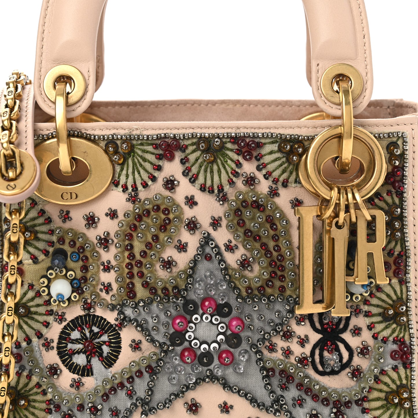 Calfskin Beaded Mini Lady Dior Beige Multicolor
