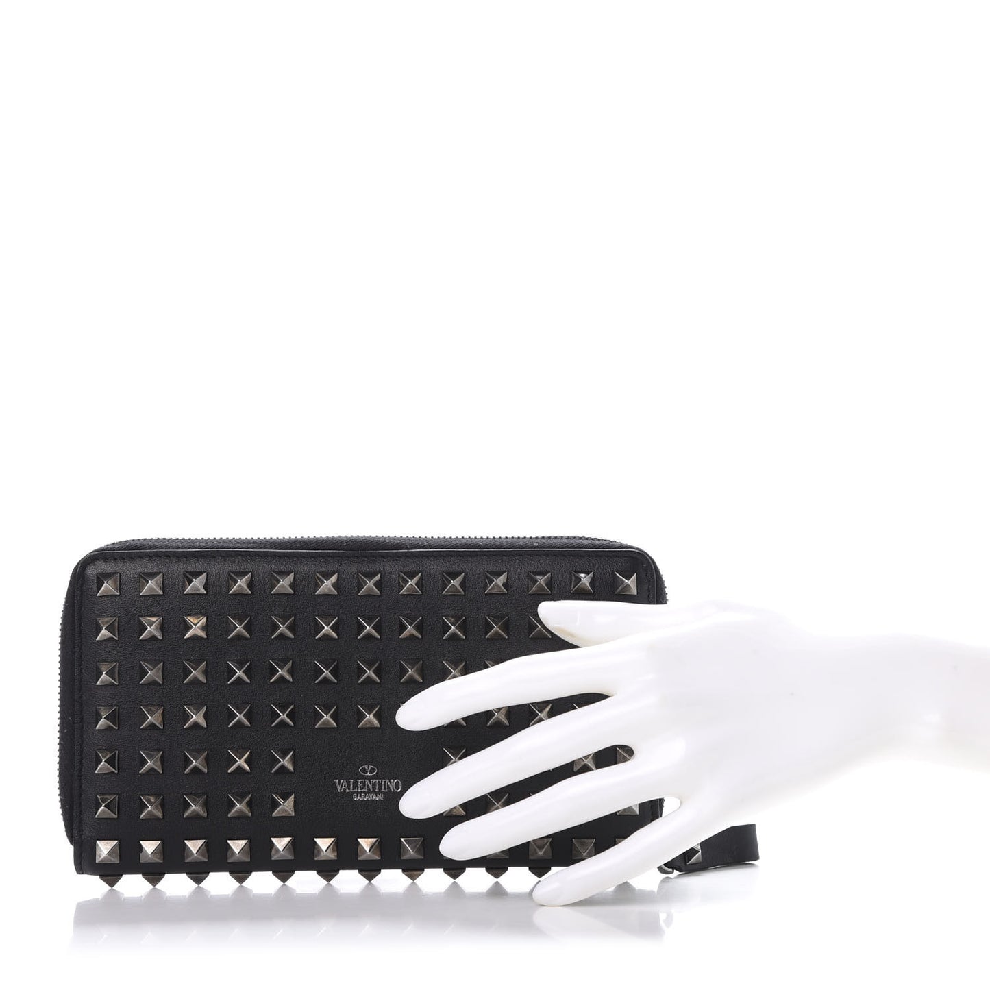 Calfskin Rockstud All Over Zip Around Wallet Black