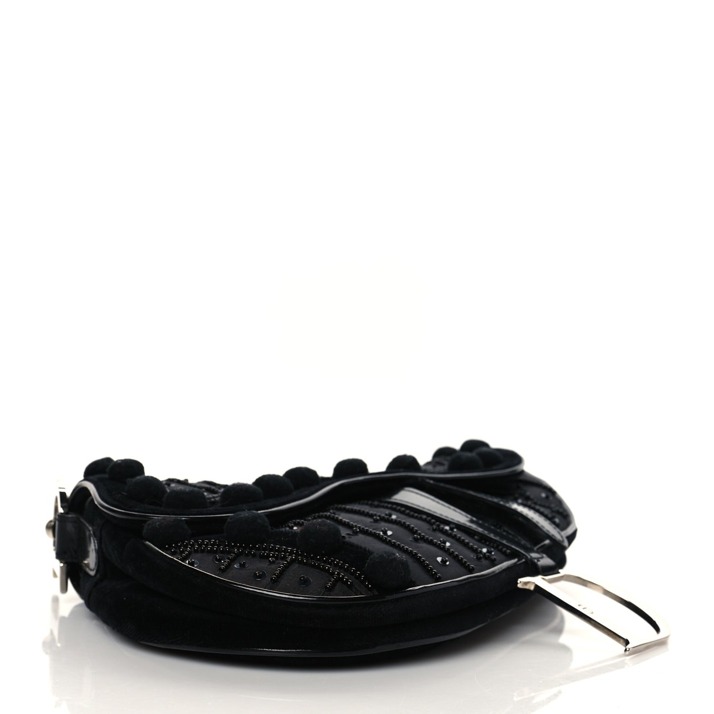 Velvet Nylon Pom Pom Saddle Bag Black