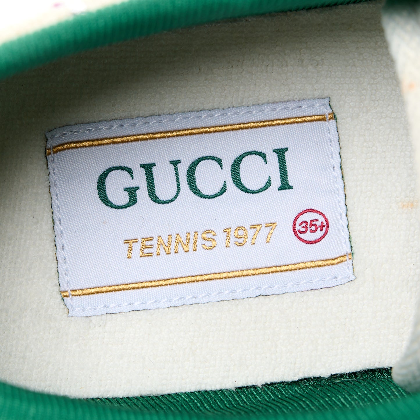 Canvas Lame Crystal GG Monogram Womens 1977 Tennis Sneakers 35.5 Gardenia Silver Mystic White