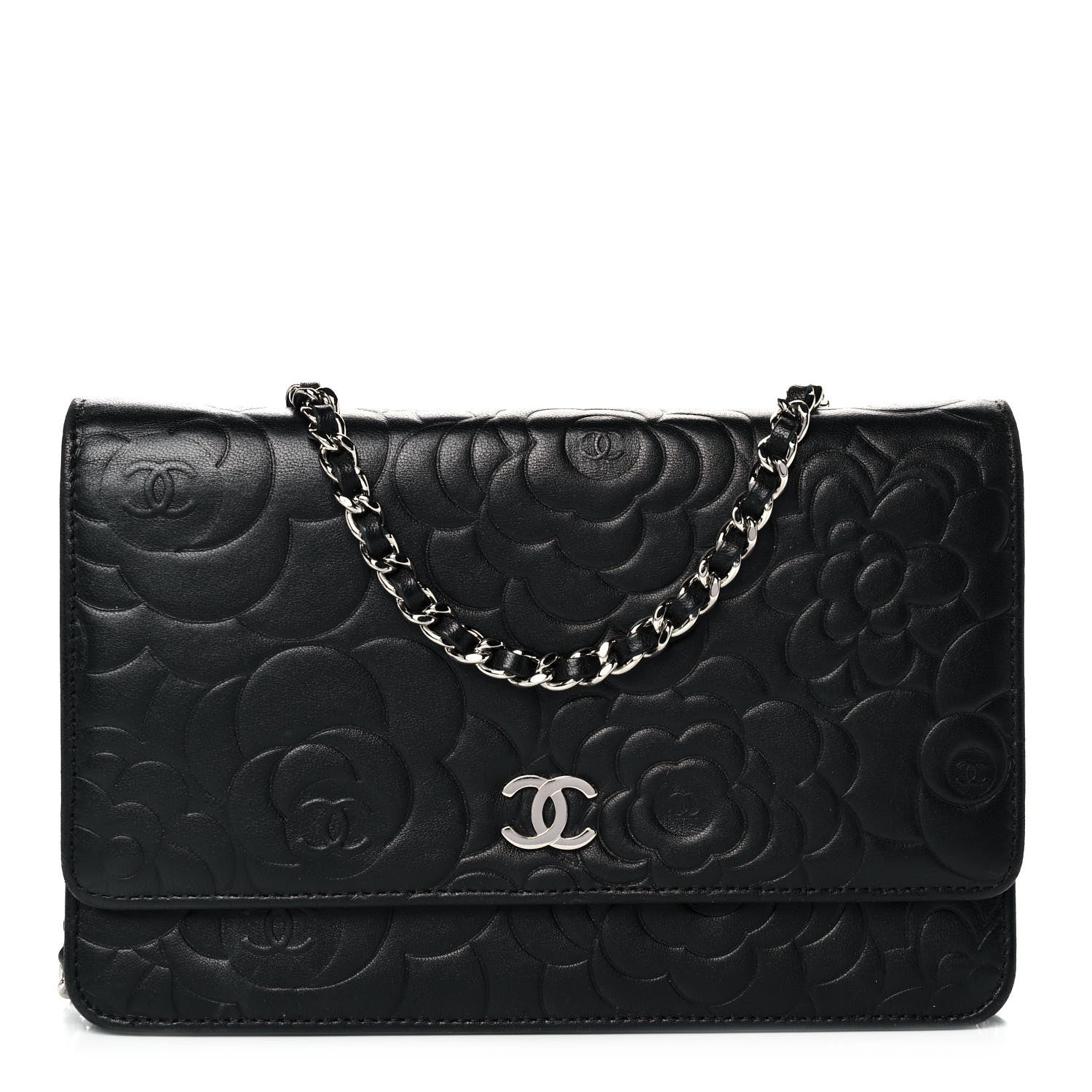 Chanel Lambskin Camellia Embossed Wallet on Chain WOC Black 1 of 10