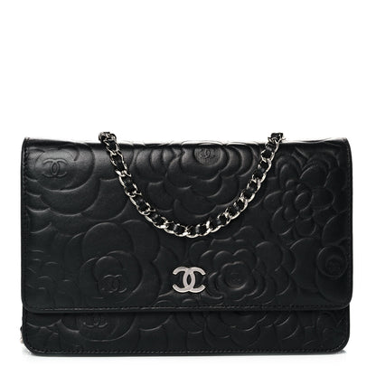 Chanel Lambskin Camellia Embossed Wallet on Chain WOC Black 1 of 10