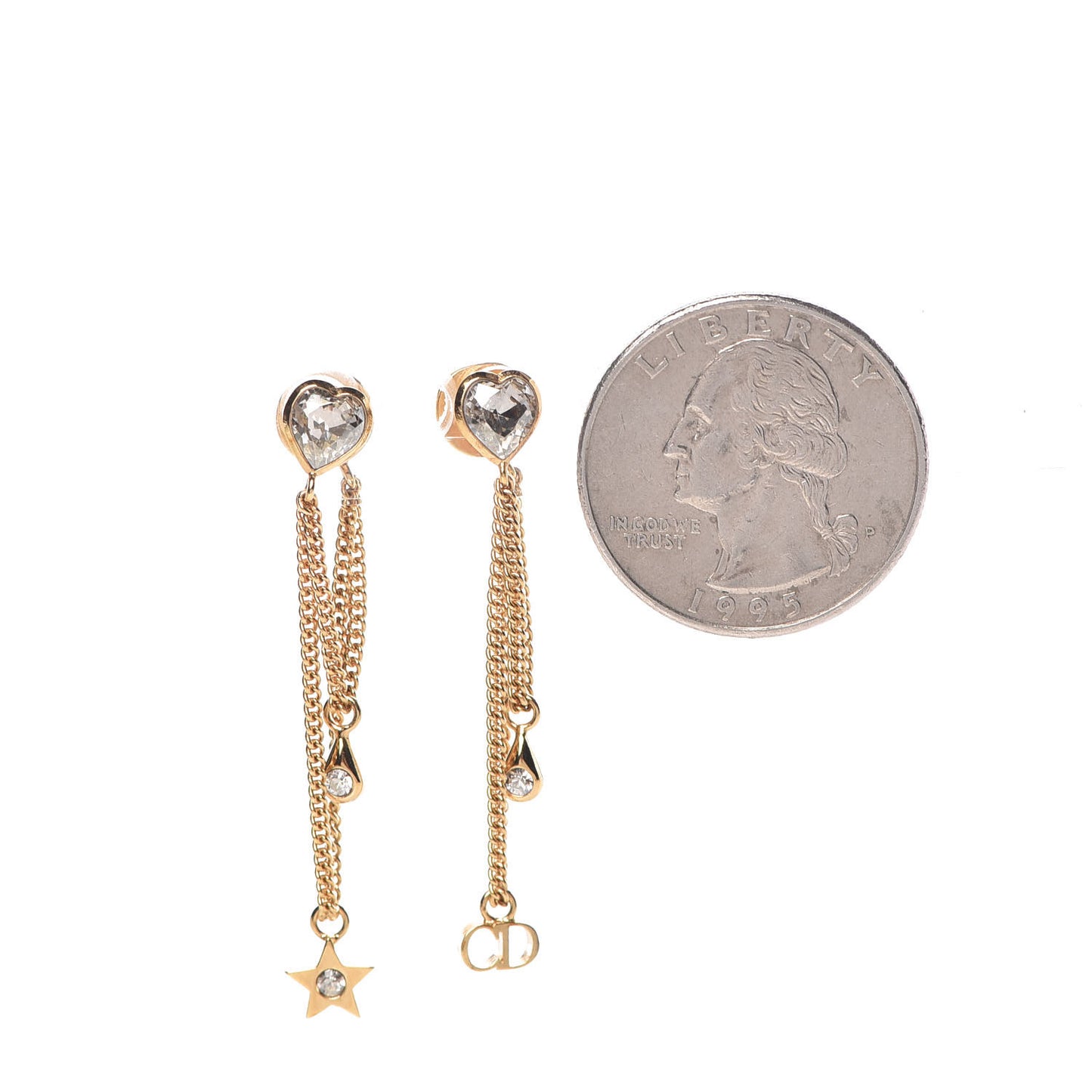 Crystal Heart Dangle Chain Earrings Gold