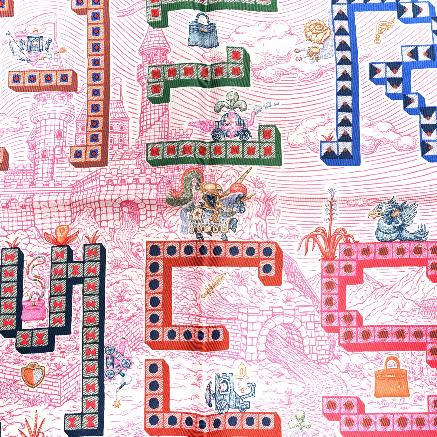Silk Twill Super Silk Quest Detail Scarf 45 Rose Bleu Vert