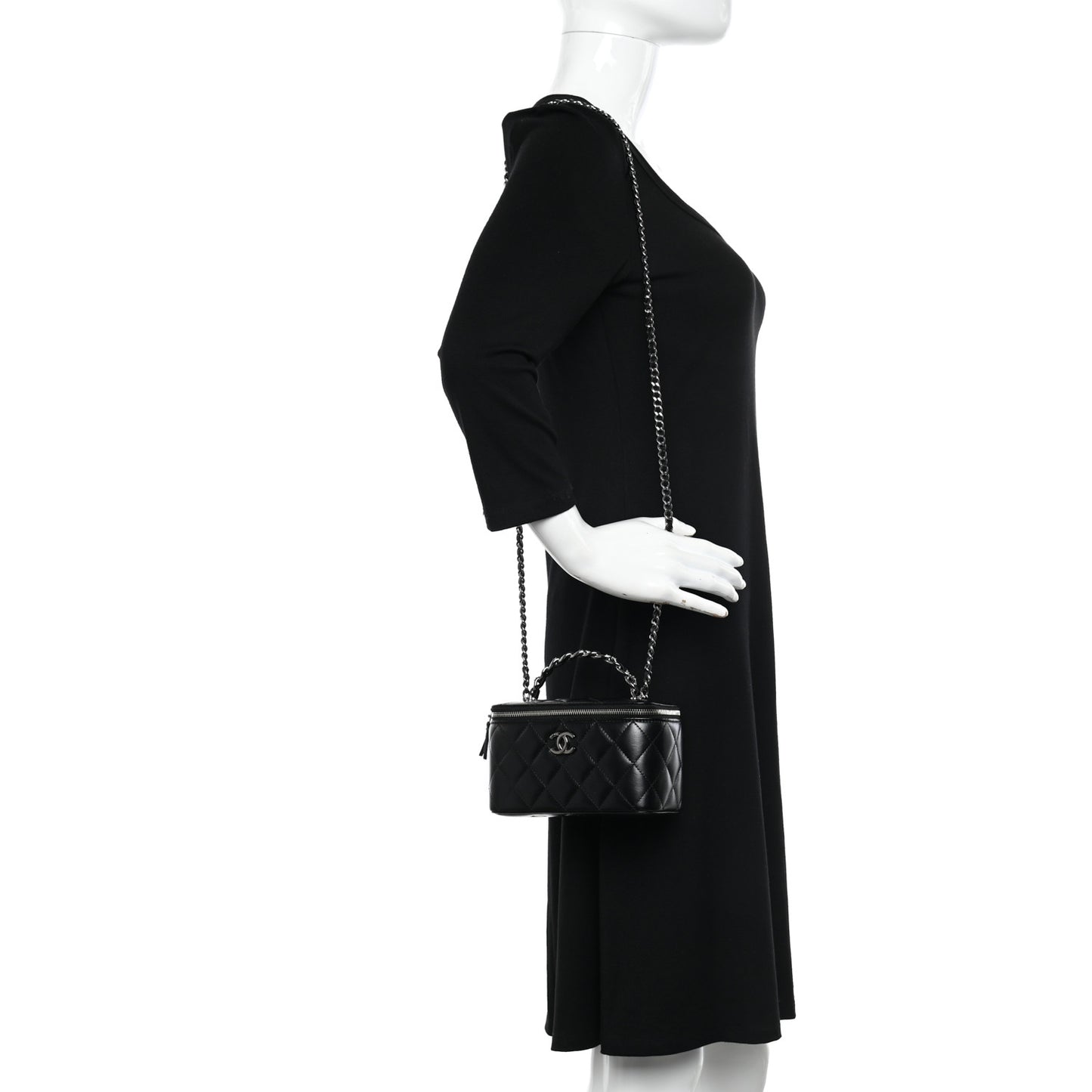 Shiny Crumpled Calfskin Crystal Quilted Precious Handle Vanity Case With Chain Black