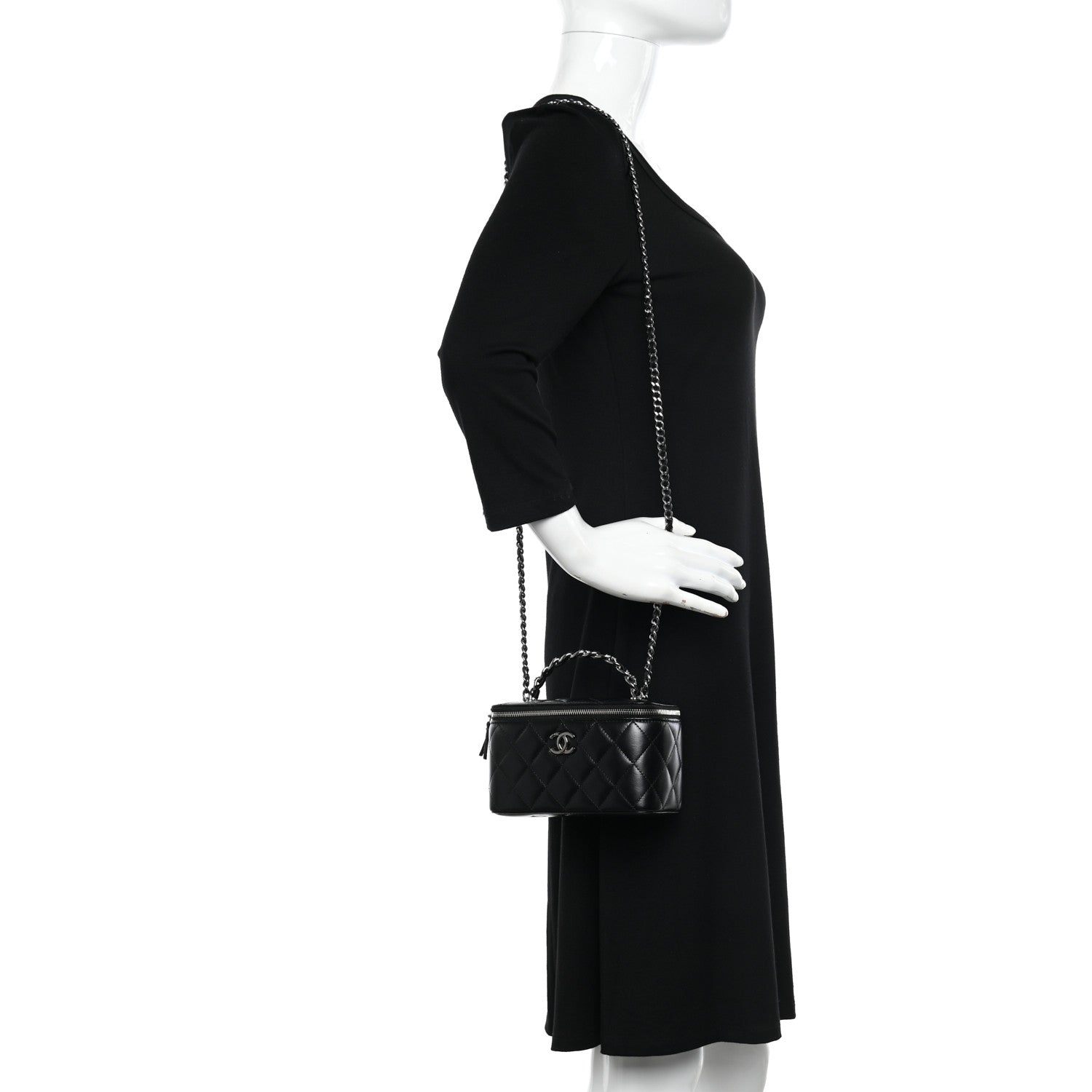 Chanel Shiny Crumpled Calfskin Crystal Quilted Precious Handle Vanity Case With Chain Black 2 of 11