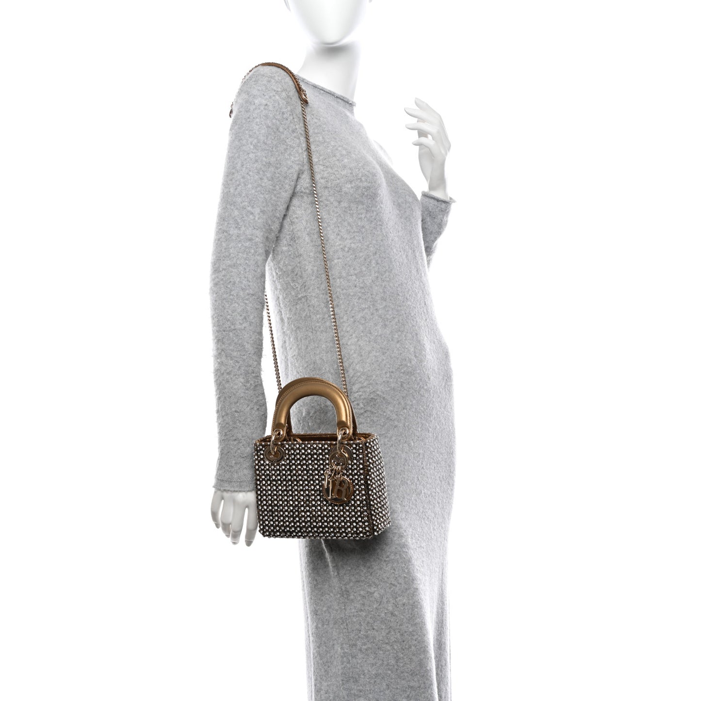 Metallic Calfskin Crystal Mini Lady Dior Gold