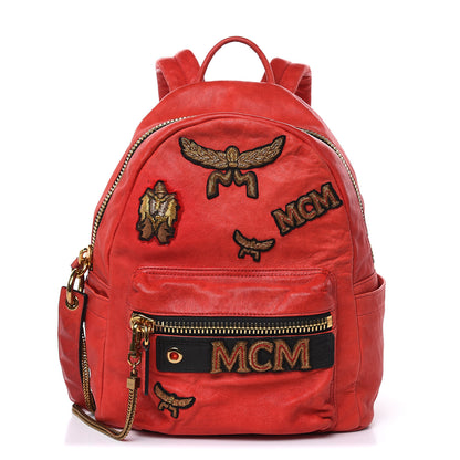 MCM Lambskin Fox Fur Small Stark Insignia Backpack Red 1 of 19