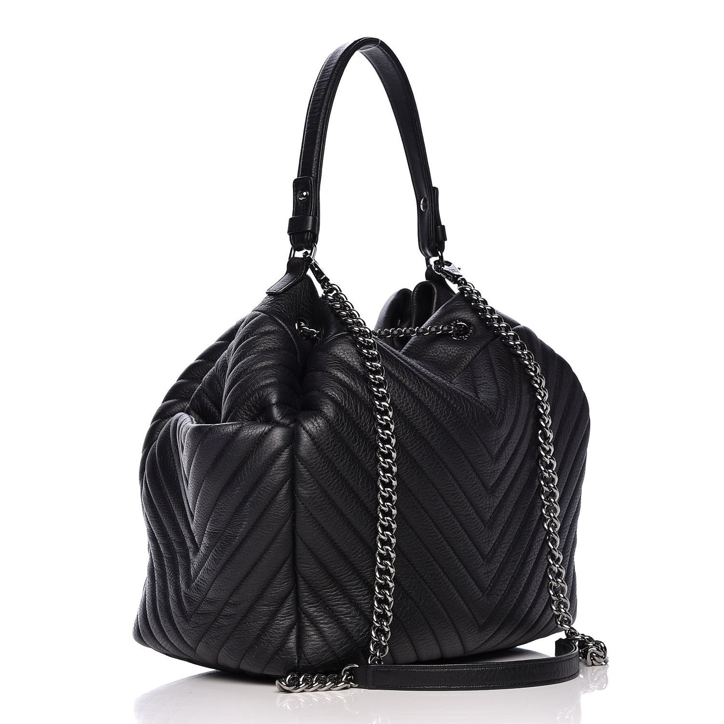 Deerskin Chevron Large CC Chain Bucket Drawstring Bag Black