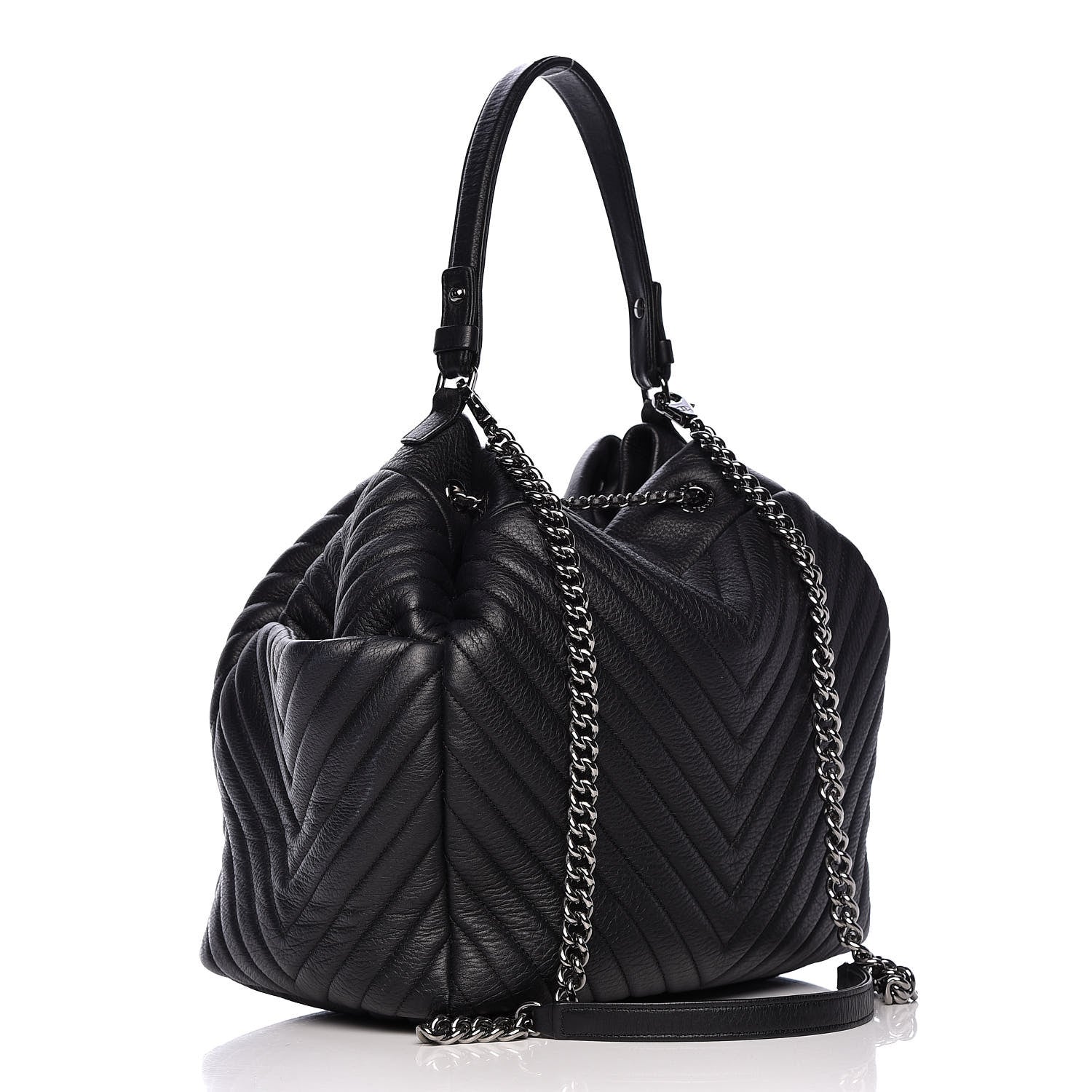 Chanel Deerskin Chevron Large CC Chain Bucket Drawstring Bag Black 3 of 10