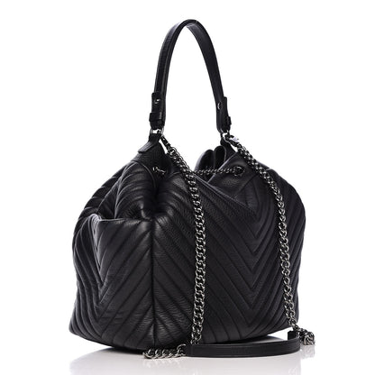 Chanel Deerskin Chevron Large CC Chain Bucket Drawstring Bag Black 3 of 10