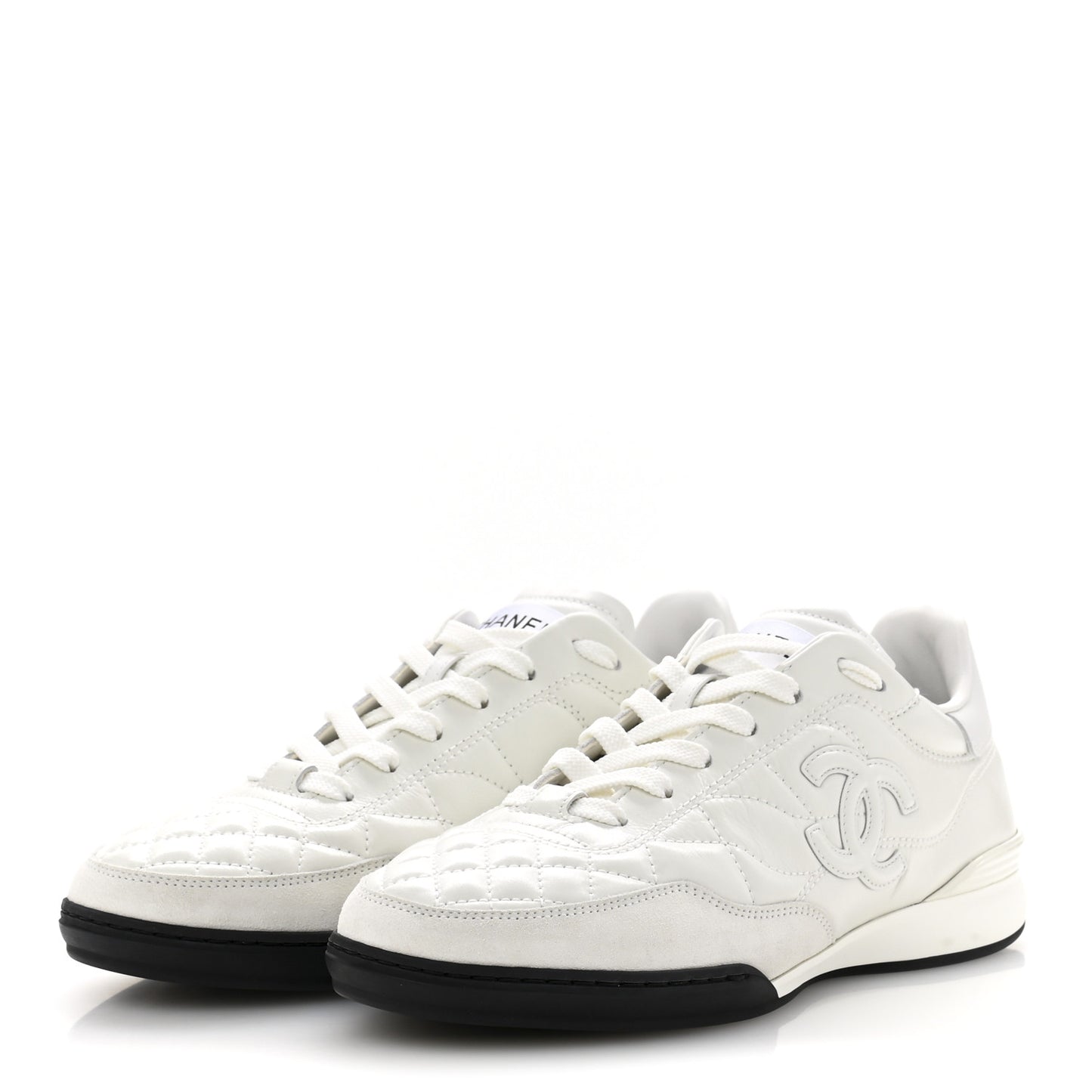 Shiny Calfskin Suede Quilted CC Logo Sneakers 37 White