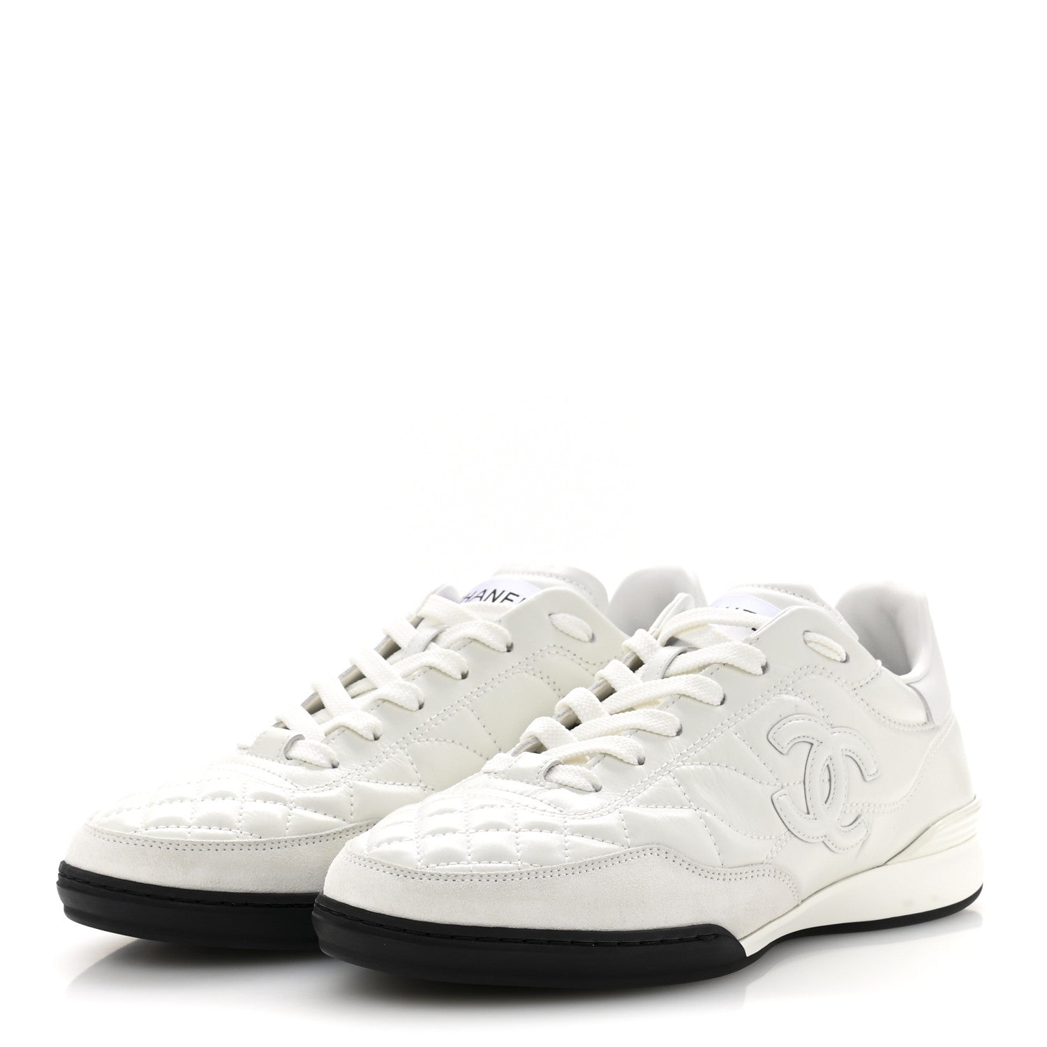 Chanel Shiny Calfskin Suede Quilted CC Logo Sneakers 37 White 4 of 10