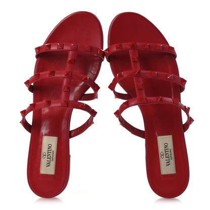 Valentino Garavani Nappa Lacquered Monochrome Rockstud Caged Flat Slide Sandals 37 Rouge Pur 2 of 12