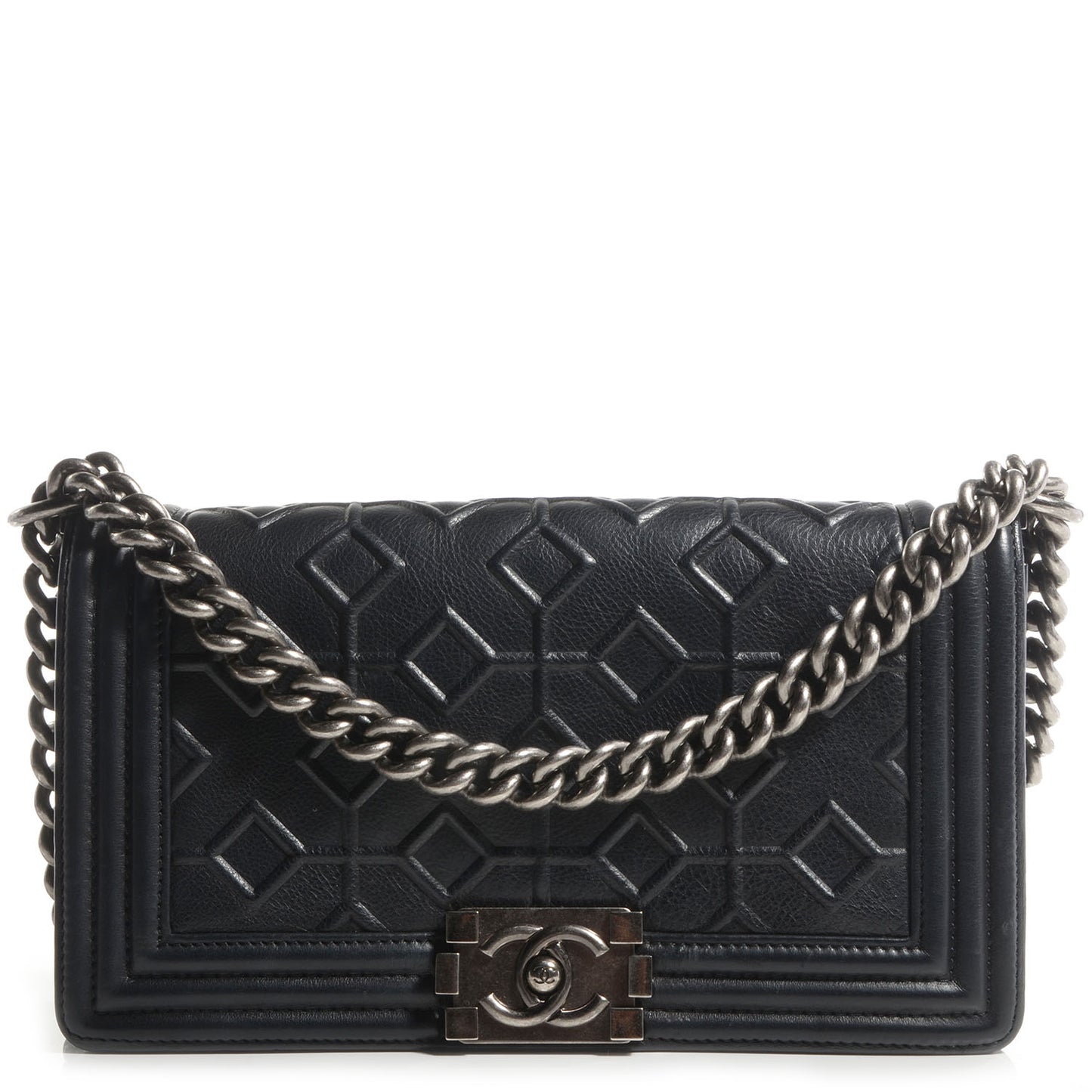 Calfskin Crystal Embossed Medium Boy Flap Black