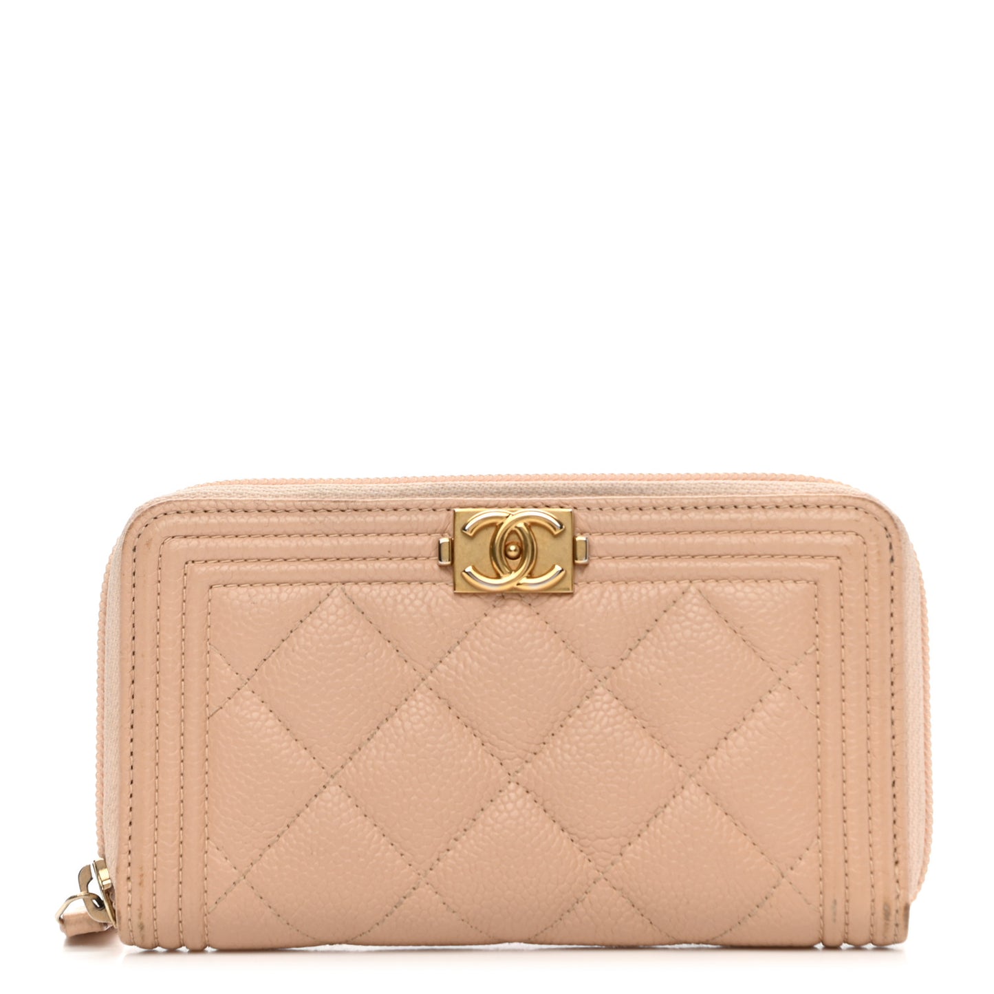 Caviar Quilted Small Boy Zip Around Wallet Beige