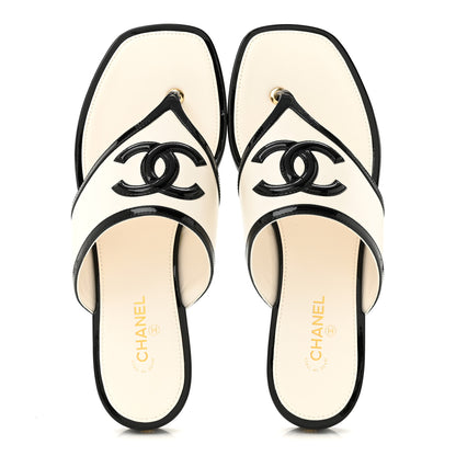 Chanel Lambskin Patent Calfskin CC Thong Sandals 39 White Black 2 of 10
