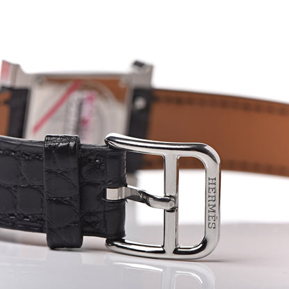 Hermes Stainless Steel Alligator Diamond Bezel Mother of Pearl 21mm Heure H Hour Quartz Watch Noir 7 of 8