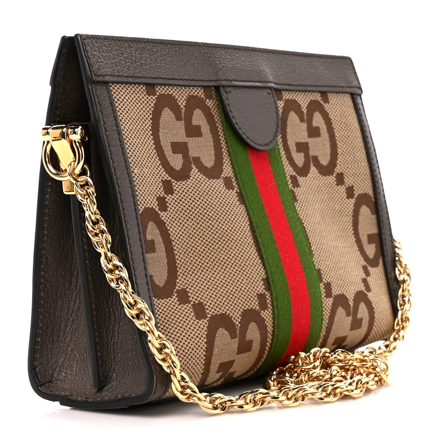 Monogram Jumbo GG Textured Dollar Calfskin Web Small Ophidia Chain Shoulder Bag Camel Ebony New Acero