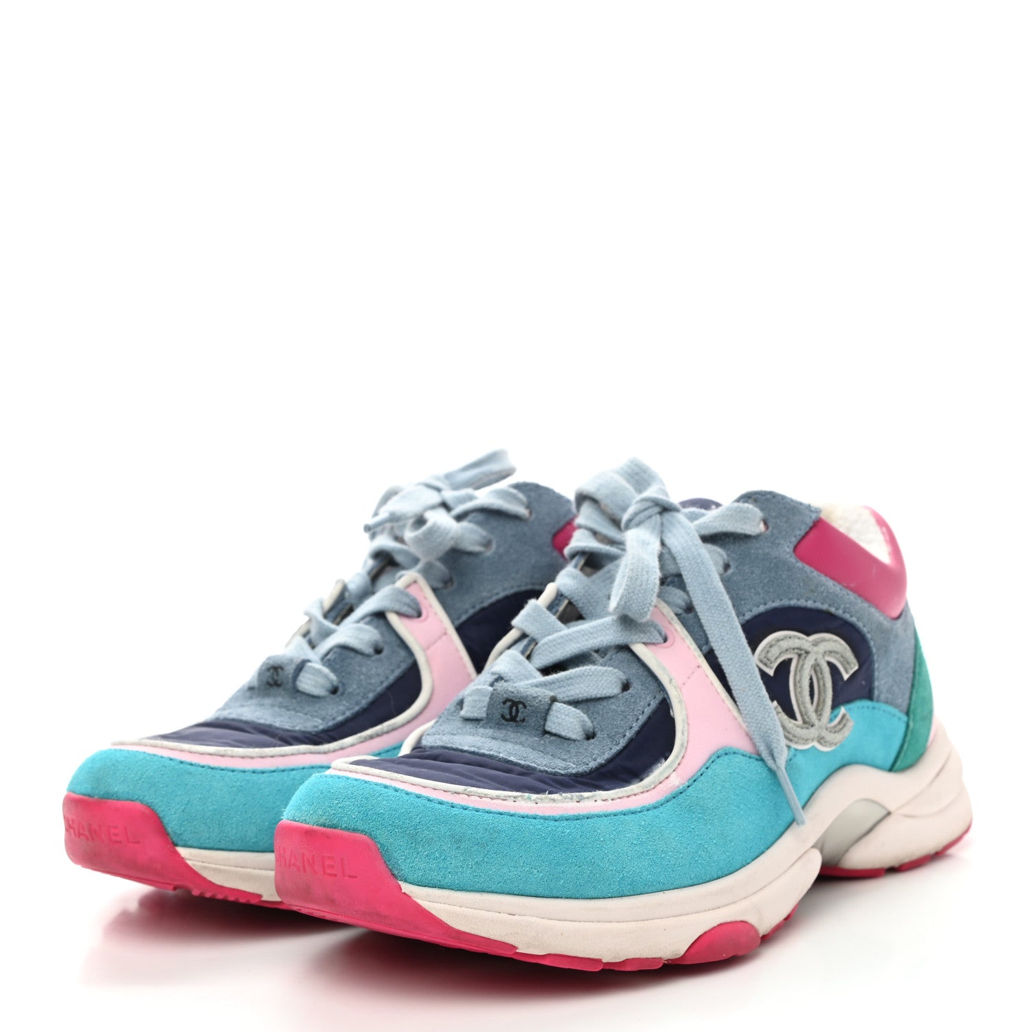 Chanel Nylon Calfskin Suede Womens CC Sneakers 37 Blue Pink 3 of 8