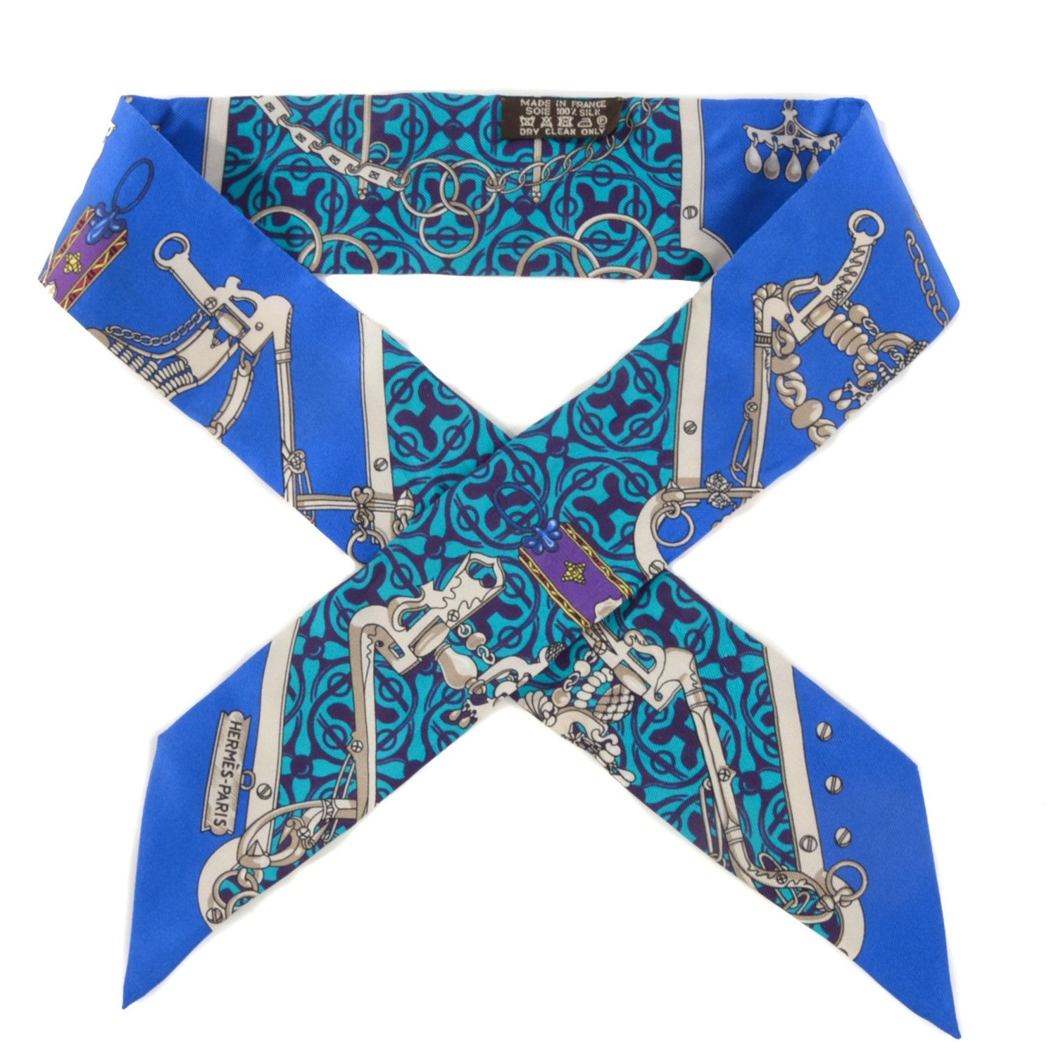 Hermes Silk Mors Et Gourmettes Remix Twilly Bleu Roy Turquoise Prune 1 of 6