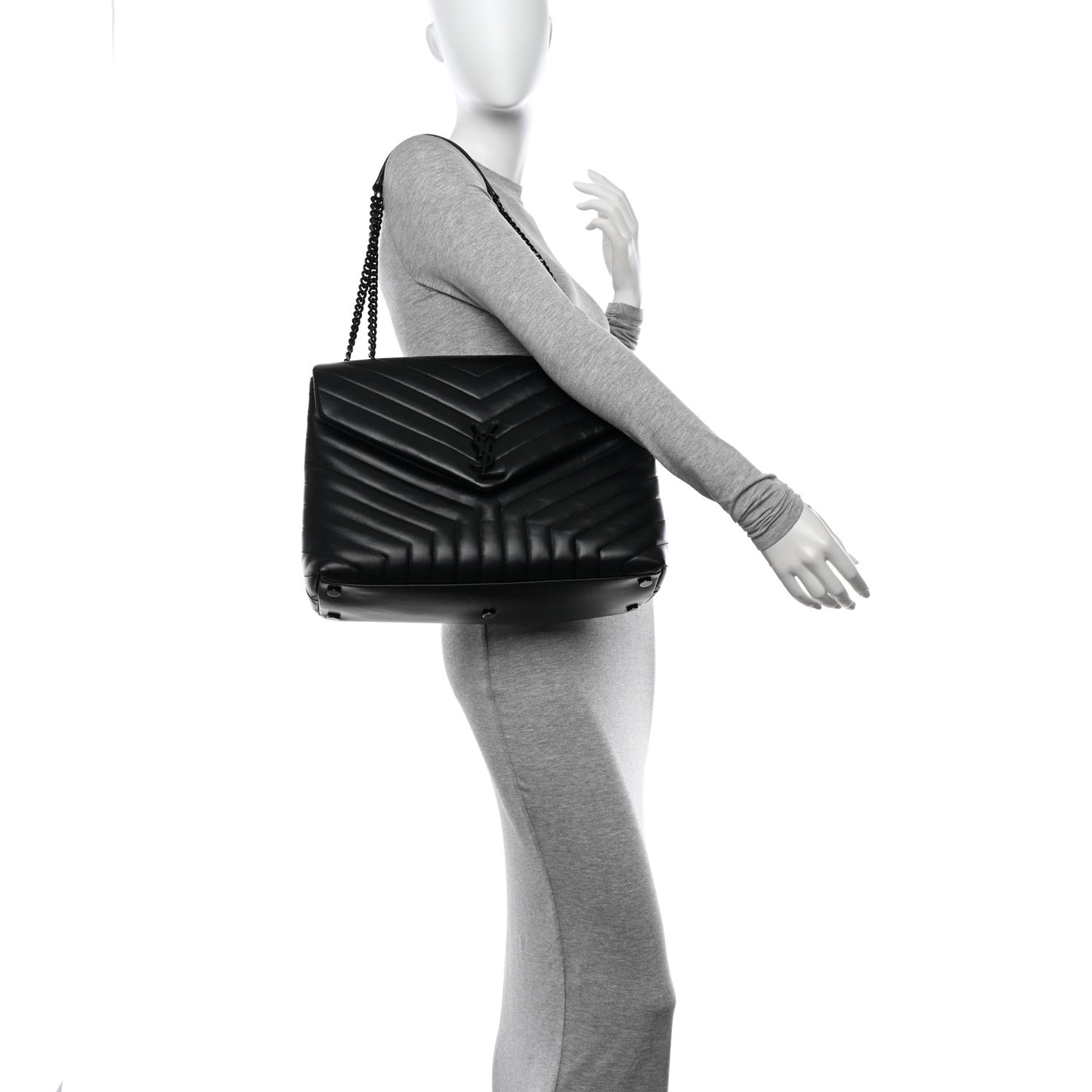 Calfskin Y Quilted Monogram Monochrome Large Loulou Chain Satchel Black