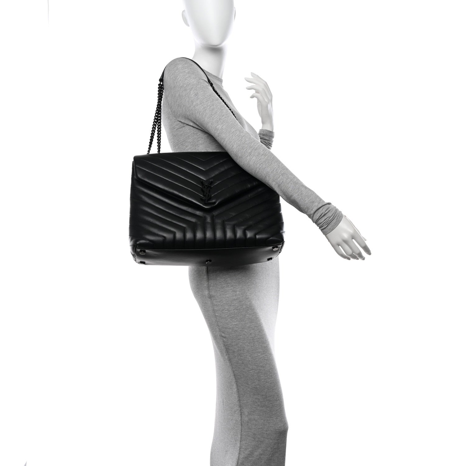 Saint Laurent Calfskin Y Quilted Monogram Monochrome Large Loulou Chain Satchel Black 2 of 11