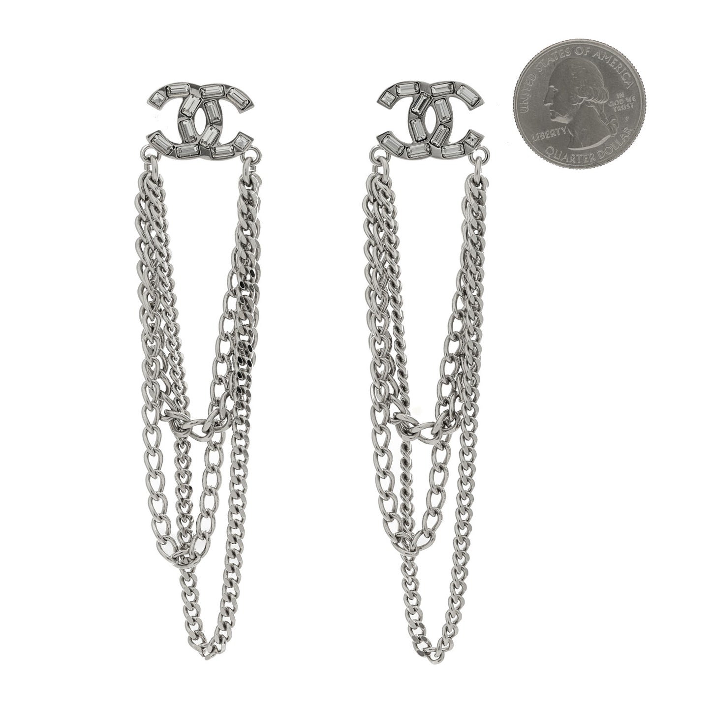 Crystal Baguette CC Chain Drop Earrings Silver