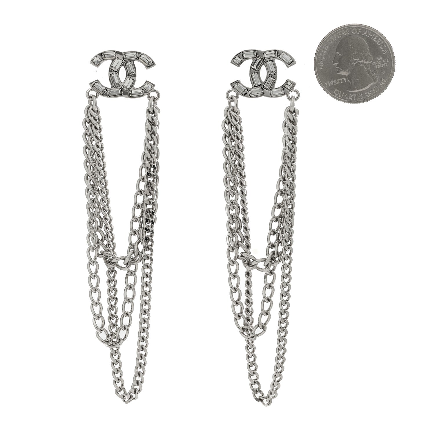 Chanel Crystal Baguette CC Chain Drop Earrings Silver 2 of 5