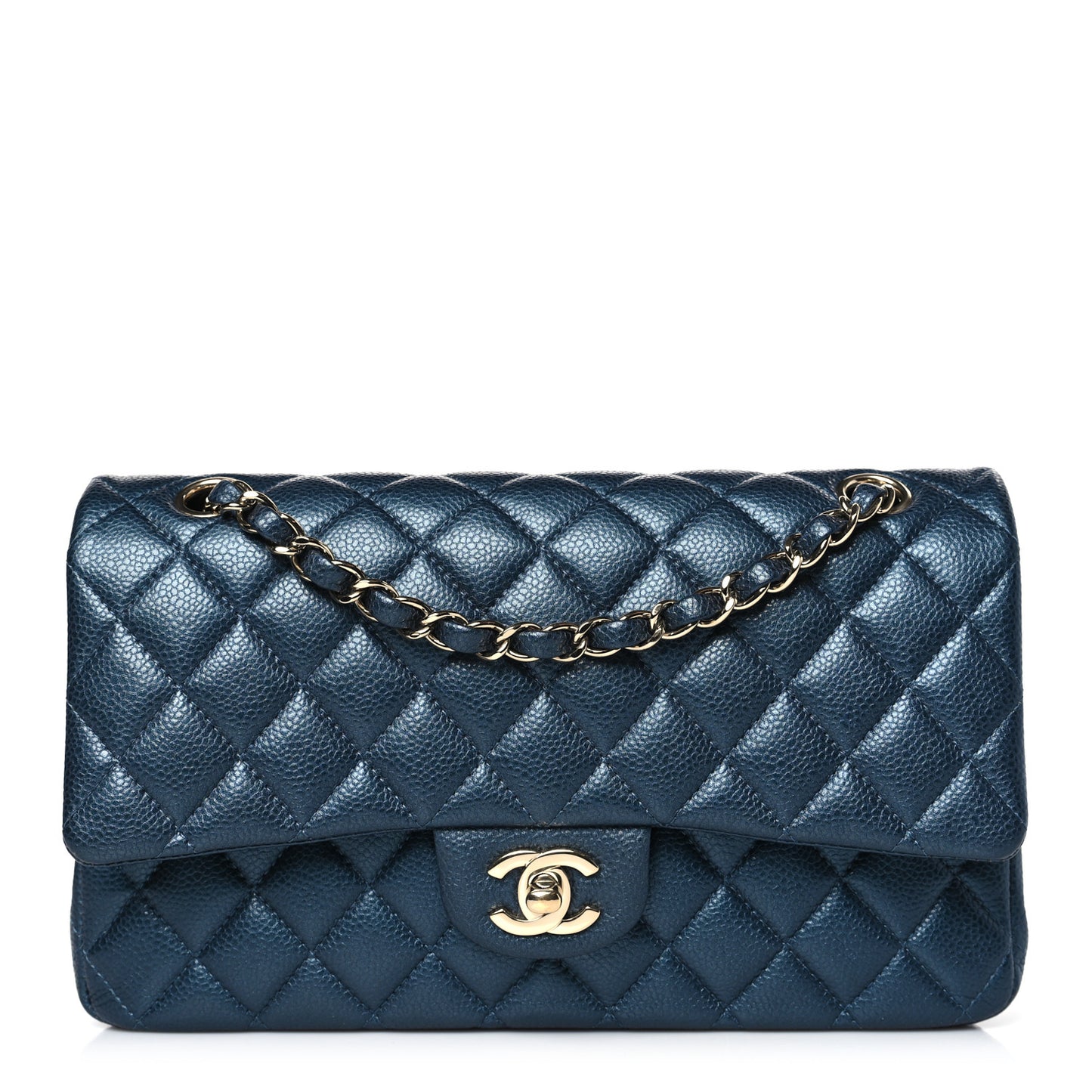 Iridescent Caviar Quilted Medium Double Flap Dark Blue