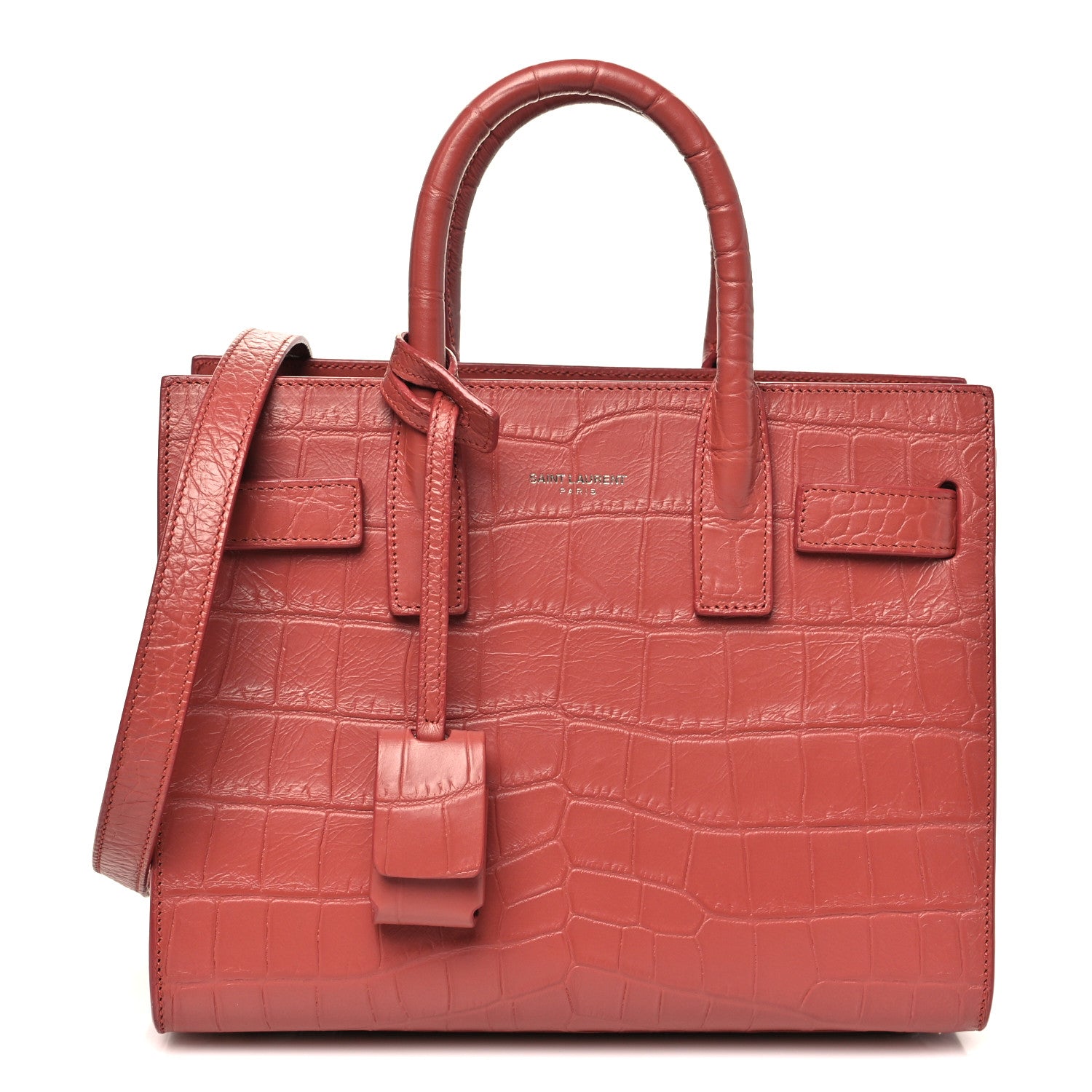 Saint Laurent Calfskin Crocodile Embossed Nano Sac De Jour Rose