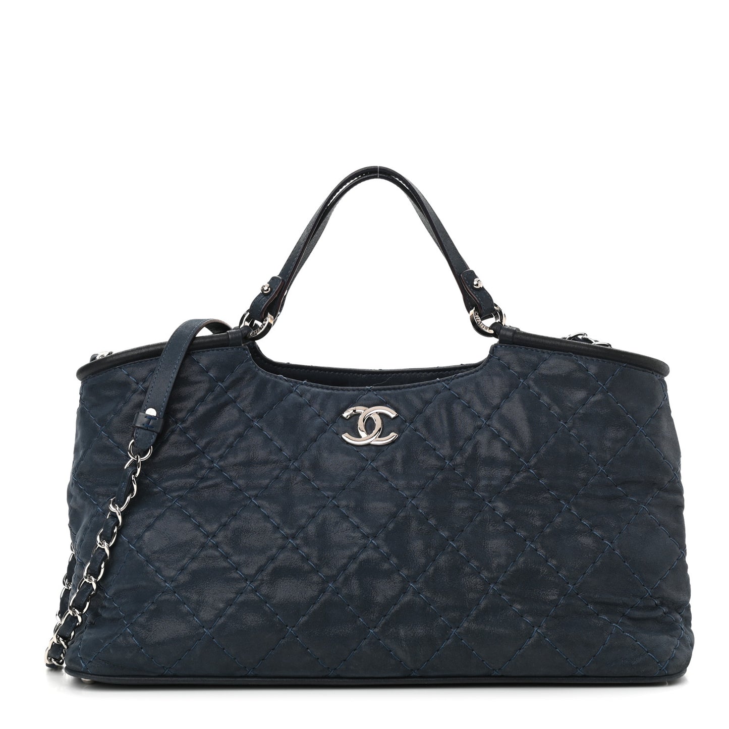 Iridescent Calfskin Quilted Small Sea Hit Tote Navy