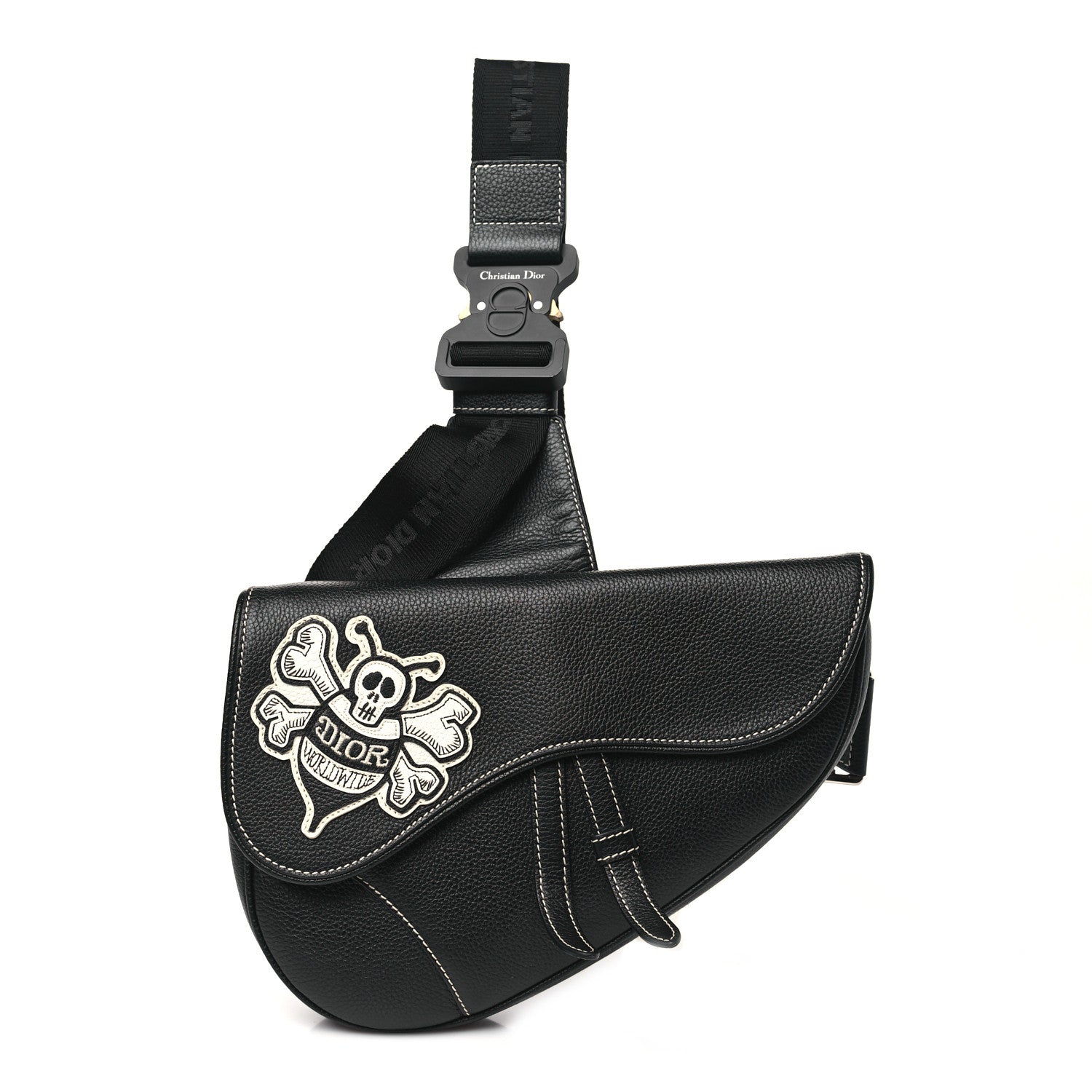 Christian Dior X SHAWN STUSSY Grained Calfskin Bee Saddle Bag Black 1 of 10