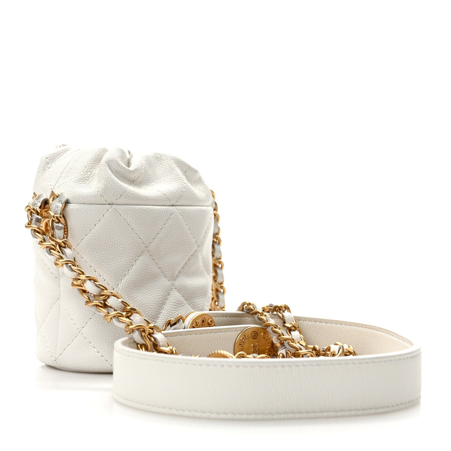 Caviar Quilted Twist Your Buttons Mini Bucket Bag White