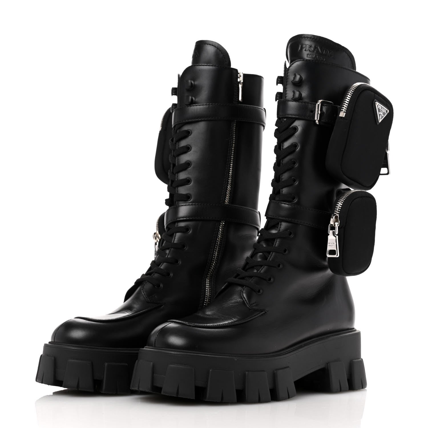 Prada Spazzolato Rois Re-Nylon Metal Triangle Logo Monolith Pouch Pocket 55mm Tall Combat Boots 38.5 Black 4 of 12