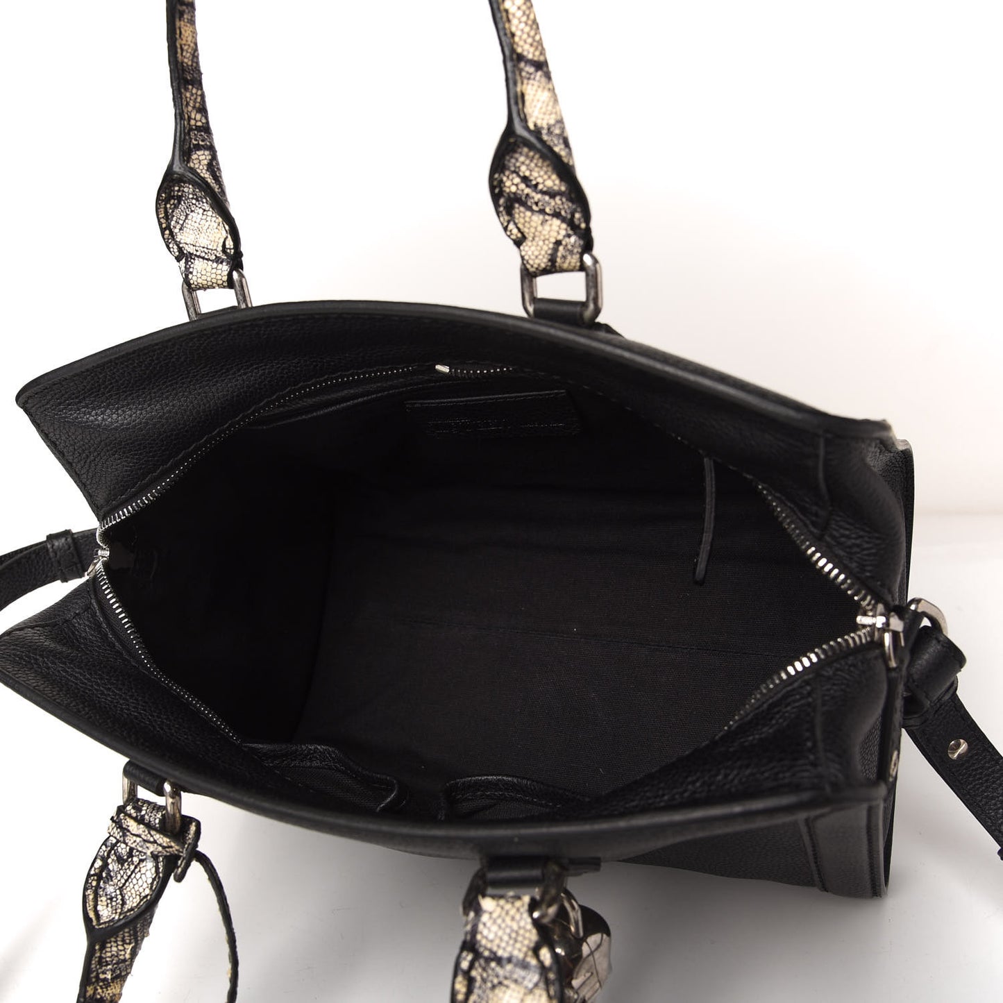 Pebbled Calfskin Snakeskin Small Skull Padlock Zip Around Tote Black