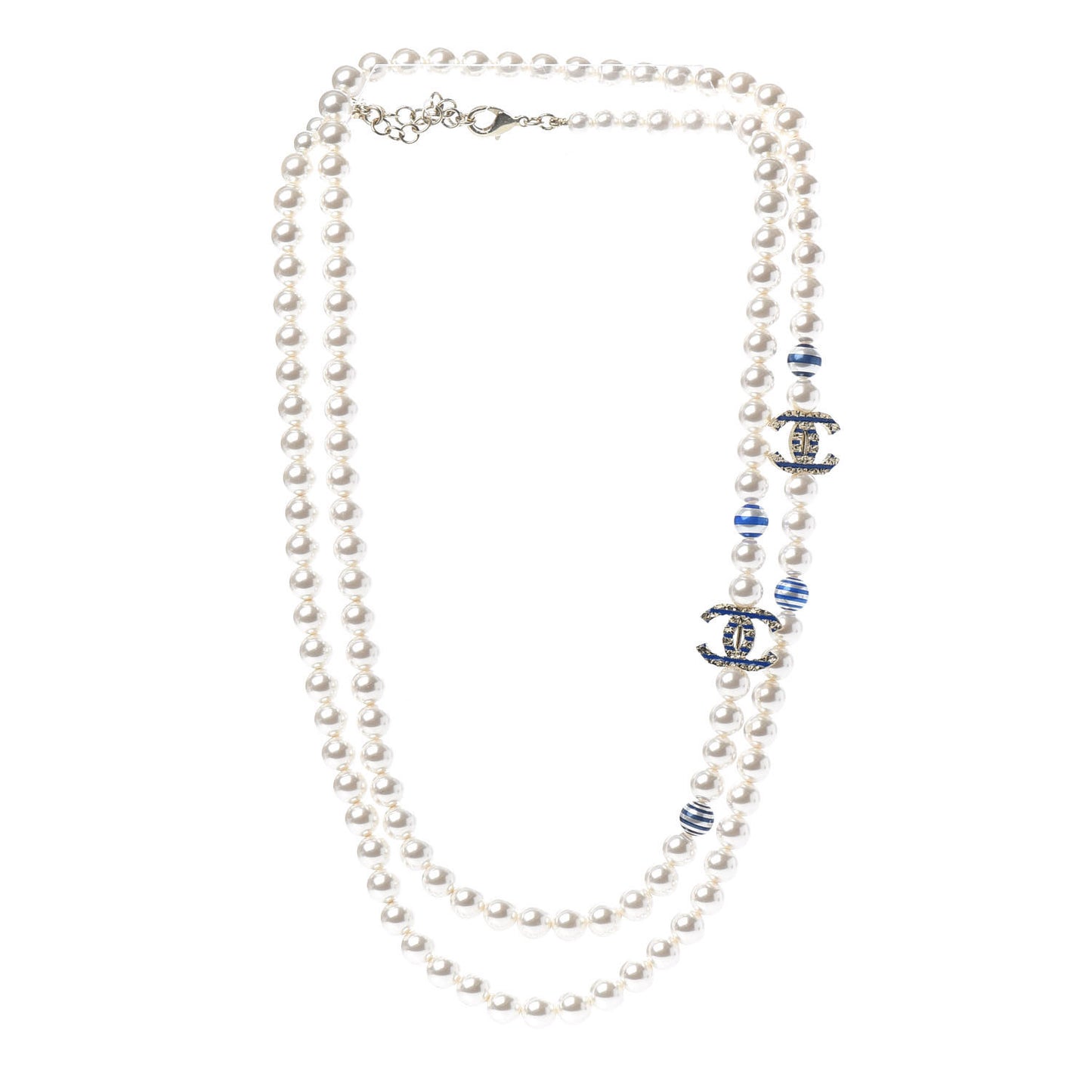 Resin Pearl Striped CC Long Necklace Blue Gold