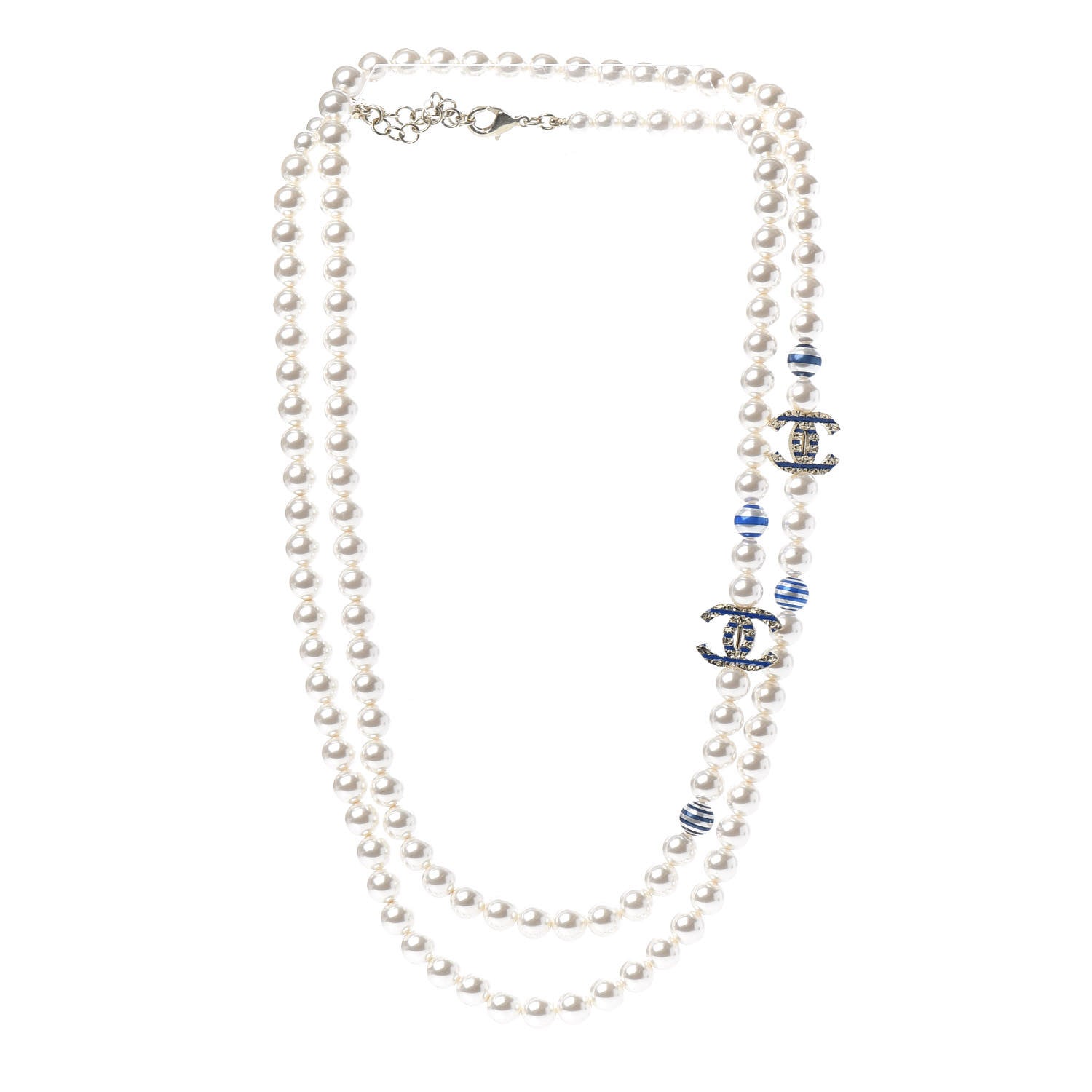 Chanel Resin Pearl Striped CC Long Necklace Blue Gold 3 of 5