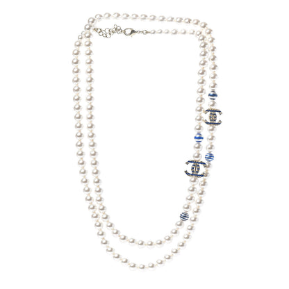 Chanel Resin Pearl Striped CC Long Necklace Blue Gold 3 of 5