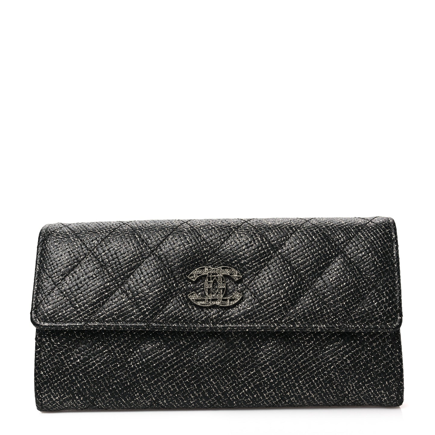 Metallic Calfskin Quilted Large Gusset Flap Wallet Dark Grey