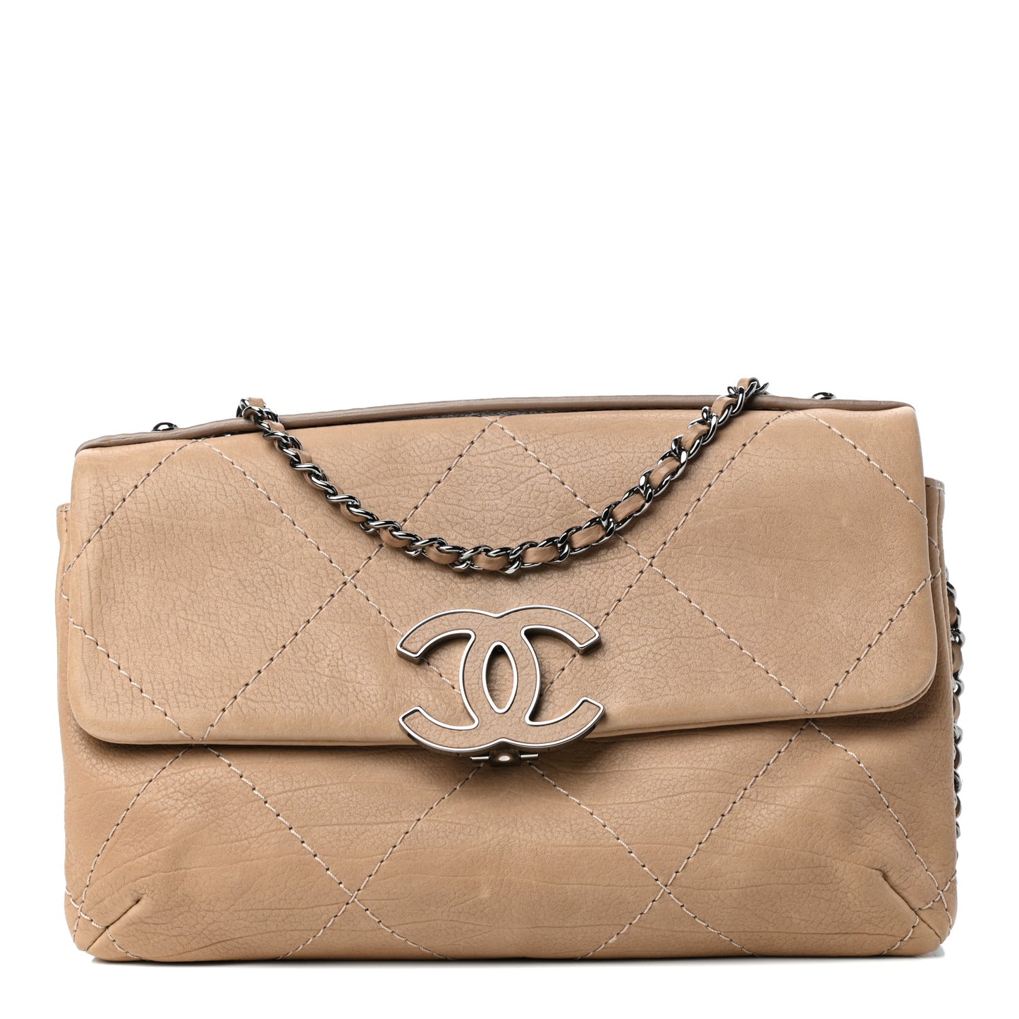 Washed Calfskin Diamond Stitch Hamptons Clutch With Chain Dark Beige