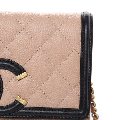 Chanel Caviar Quilted CC Filigree Wallet On Chain WOC Beige Black 11 of 13