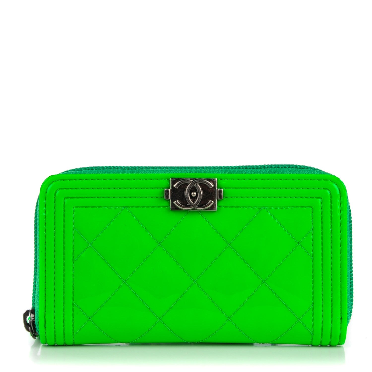 Chanel Patent Quilted Small Boy Zip Around Wallet Green 1 of 8
