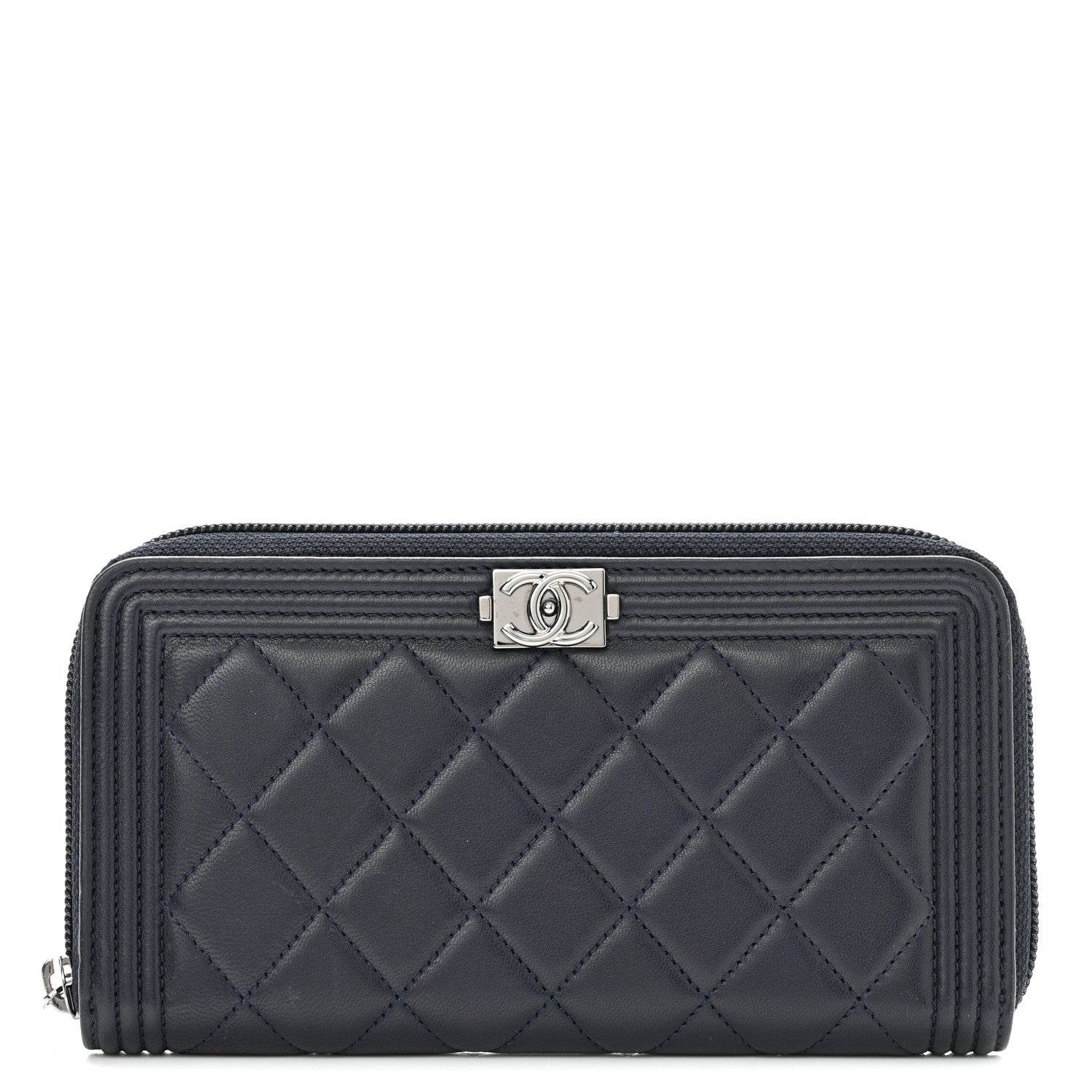 Chanel Lambskin Quilted Boy Zip Around Wallet Navy 1 of 8