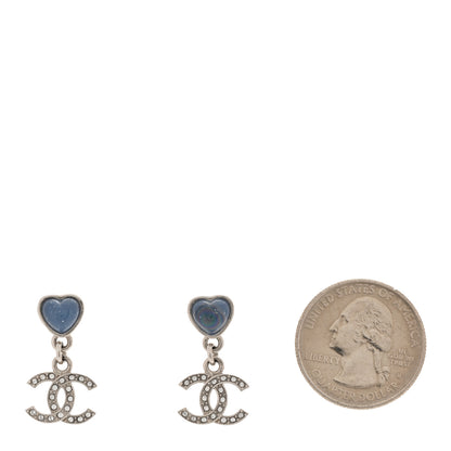 Chanel Crystal Resin CC Heart Drop Earrings Silver Blue 2 of 5